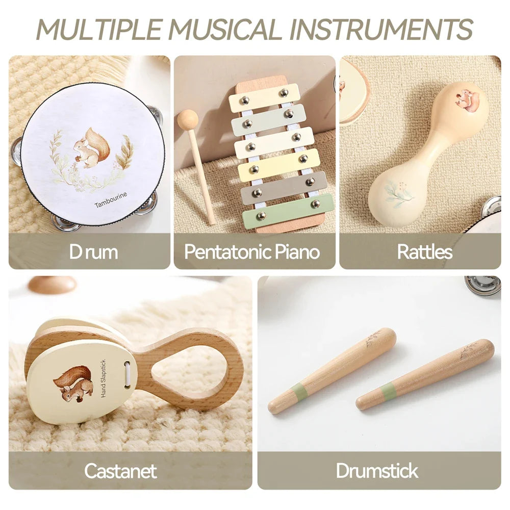 Toddler Musical Instruments Montessori Natural Wooden Percussion Instruments for Kids Preschool Educational Musical Toys Set for Boys and Girls with Storage Bag