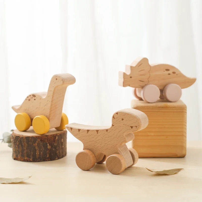 8 Pcs Wooden Dinosaur Cars Montessori Toys for Babies Baby Push Car Toys Wooden Toy Vehicles Development and Infant Grasping Montessori Toys