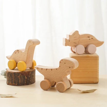 8 Pcs Wooden Dinosaur Cars Montessori Toys for Babies Baby Push Car Toys Wooden Toy Vehicles Development and Infant Grasping Montessori Toys