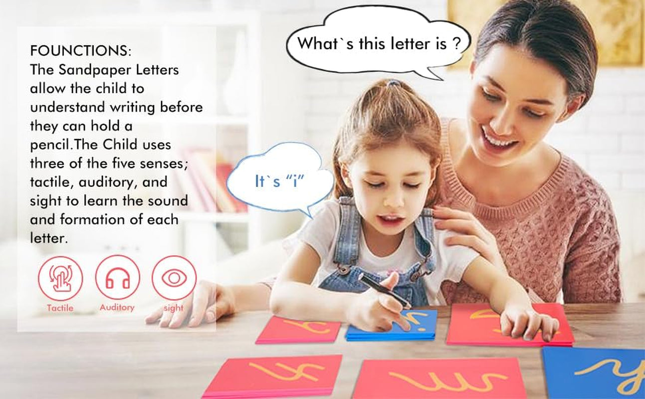 Cursive Lower Case Sandpaper Letters-Wooden Movable Alphabet without Box Preschool Spelling Language Learning Materials for Kids (Lower Case Cursive)