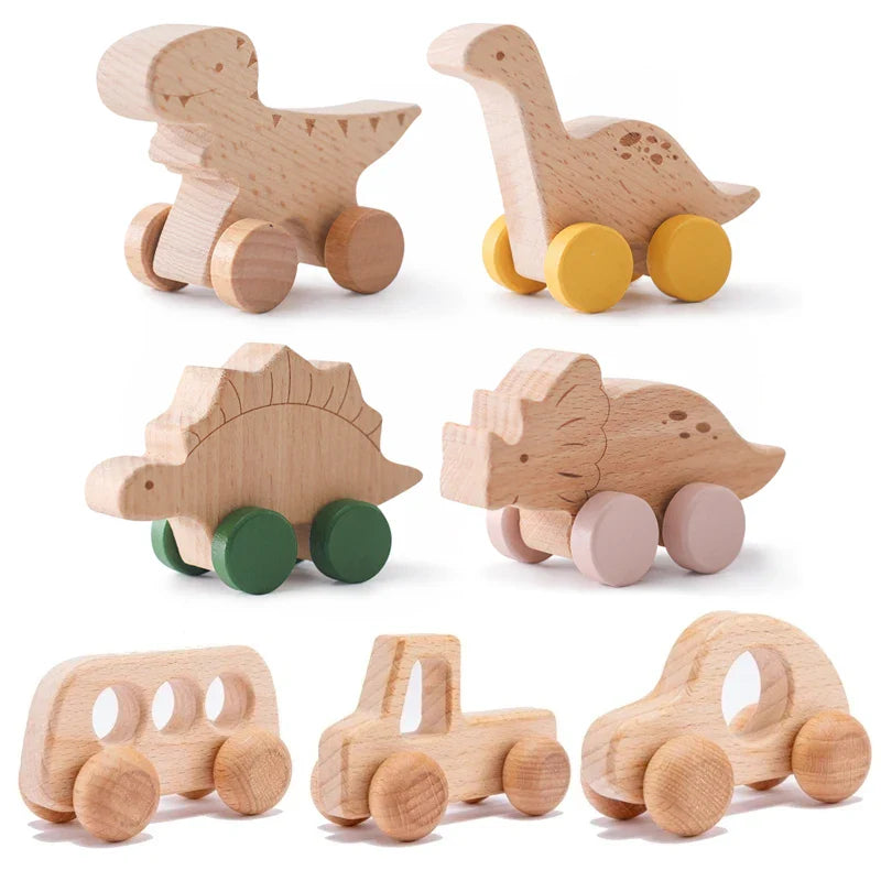 8 Pcs Wooden Dinosaur Cars Montessori Toys for Babies Baby Push Car Toys Wooden Toy Vehicles Development and Infant Grasping Montessori Toys