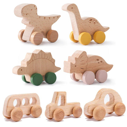 8 Pcs Wooden Dinosaur Cars Montessori Toys for Babies Baby Push Car Toys Wooden Toy Vehicles Development and Infant Grasping Montessori Toys