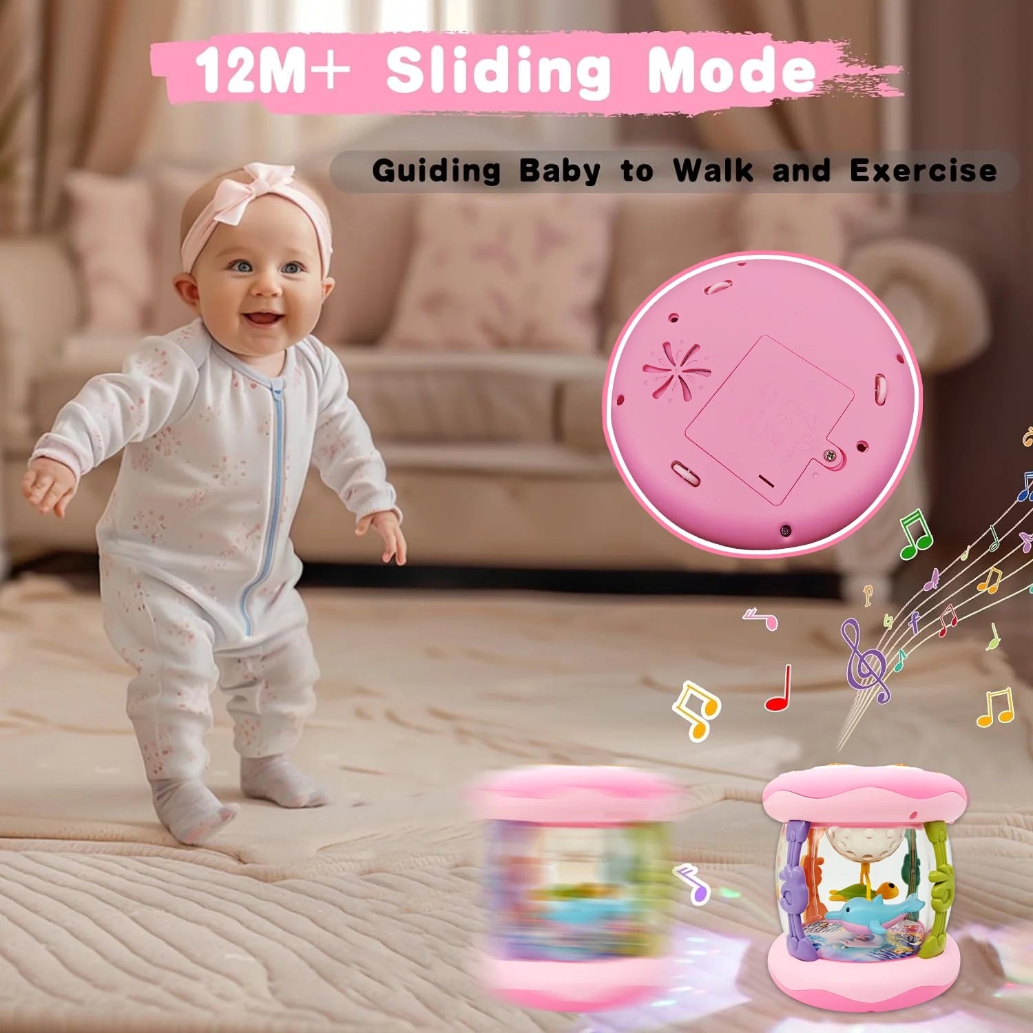 Toys for 1 Year Old Baby Girls, Ocean Rotating Light up Musical Toy for Toddlers 1-3, Learning Toys for 1 2 3 Year Old Girls Boys (Pink)