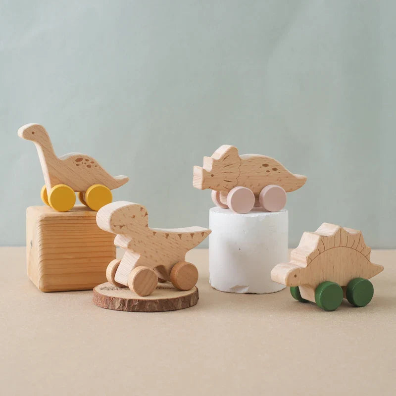 8 Pcs Wooden Dinosaur Cars Montessori Toys for Babies Baby Push Car Toys Wooden Toy Vehicles Development and Infant Grasping Montessori Toys