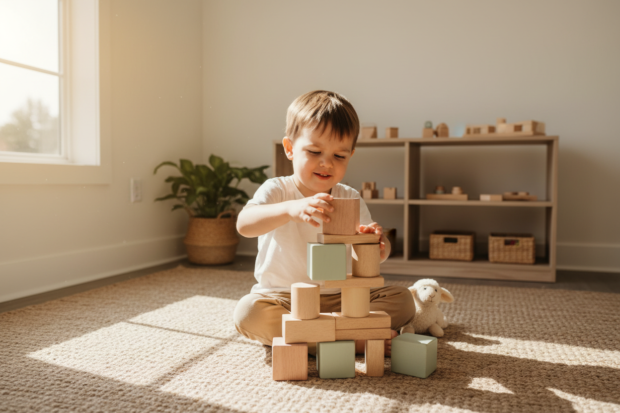 child playing with wooden blocks
