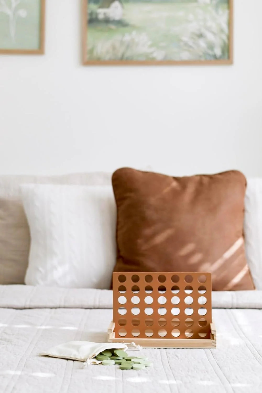 Neutral Wooden Four in a Row Game, Aesthetic Two Player Montessori Travel Board Game for Kids and Adults, Perfect Coffee Table Decor and Housewarming Gift