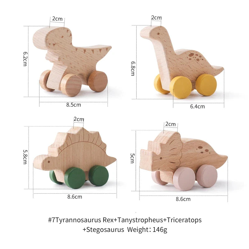 8 Pcs Wooden Dinosaur Cars Montessori Toys for Babies Baby Push Car Toys Wooden Toy Vehicles Development and Infant Grasping Montessori Toys